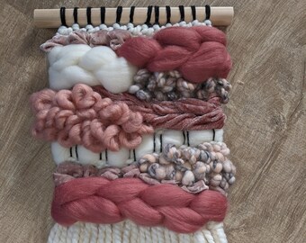 Medium Pink and Cream Handwoven Wall Art. "Sophie" Handmade Wall Art. Handspun Art Yarn. Velvet Ribbon. Merino.