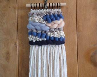 Medium Blue and Grey Handwoven Wall Hanging. "Connie" Handmade Wall Art. Handspun Art Yarn. Velvet Ribbon. Merino Wool.