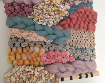Large Handwoven Wall Hanging "Rose" Handmade Wall Art. Velvet Ribbon. Merino. Recycled Sari Silk. Chiffon. Cotton Frizz. Pink. Teal. Yellow.