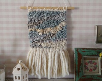 Medium Blue Weave: "Audrey" Handmade Woven Wall Hanging. Handwoven Wall Art. Recycled Sari Silk and Silk Chiffon.