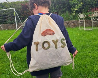 Handmade Toys Travel Bag. Hand Blended. Needle Felted. Toy Storage. Drawstring Bag. Nursery. Hanging. Felting. Children's Organisation Cars.