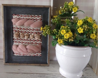 Handwoven Framed Weave. "Barbara" Pink and Rose Wall Art. Handmade with lace and Acrylic Fibres.
