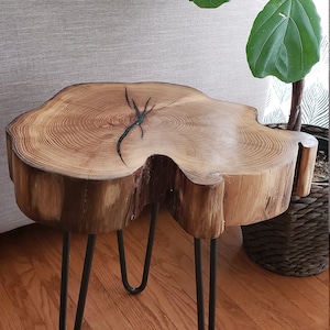 May include: A wooden side table with a natural wood finish and a live edge top. The table has four black hairpin legs.