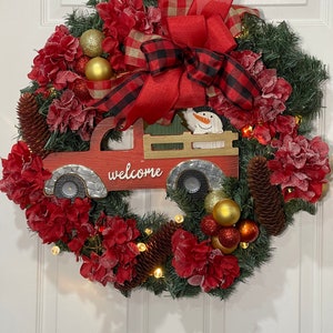Red Truck Christmas Wreath with Lights