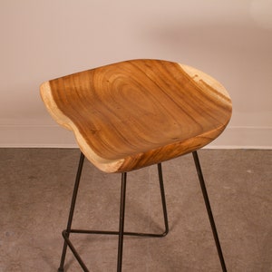 Handcrafted Suar Wood Bar Stool, Black Iron Legs, Industrial Farmhouse