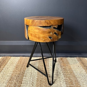 Teak Round Live Edge Table, Wooden Side Table, Pin Legs, Modern Rustic End Table