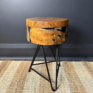 Teak Round Live Edge Table, Wooden Side Table, Pin Legs, Modern Rustic End Table