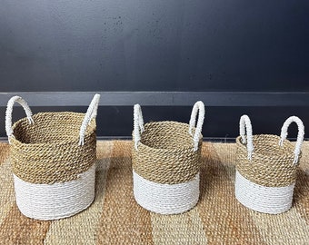 Ensemble de 3 paniers de rangement en osier bicolore, support cylindrique en rotin, support pour fournitures tissées