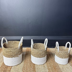 Two-tone Wicker Storage Basket Set of 3, Rattan Cylindrical Holder, Woven Supplies Holder