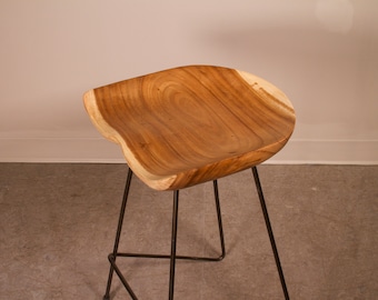 Handcrafted Suar Wood Bar Stool, Black Iron Legs, Industrial Farmhouse