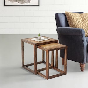 Solid Wood Nesting Side Table Set of 2, Teakwood Natural Wood Tables, Woodgrain End Tables