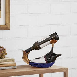 Wooden Wine Bottle Holder, Quirky Tuxedo Duck Drinking Decor, Wine Lover Gift, Housewarming Decor Teakwood Kitchen Bar Centerpiece