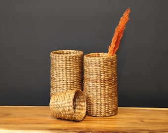 Wicker Basket, Rattan Cylindrical Planter, Woven Storage Supplies Holder