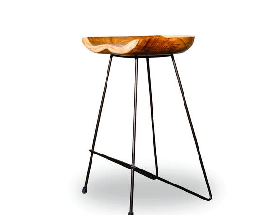 Handmade Solid Suar Wood Bar Stool, Industrial Metal Legs
