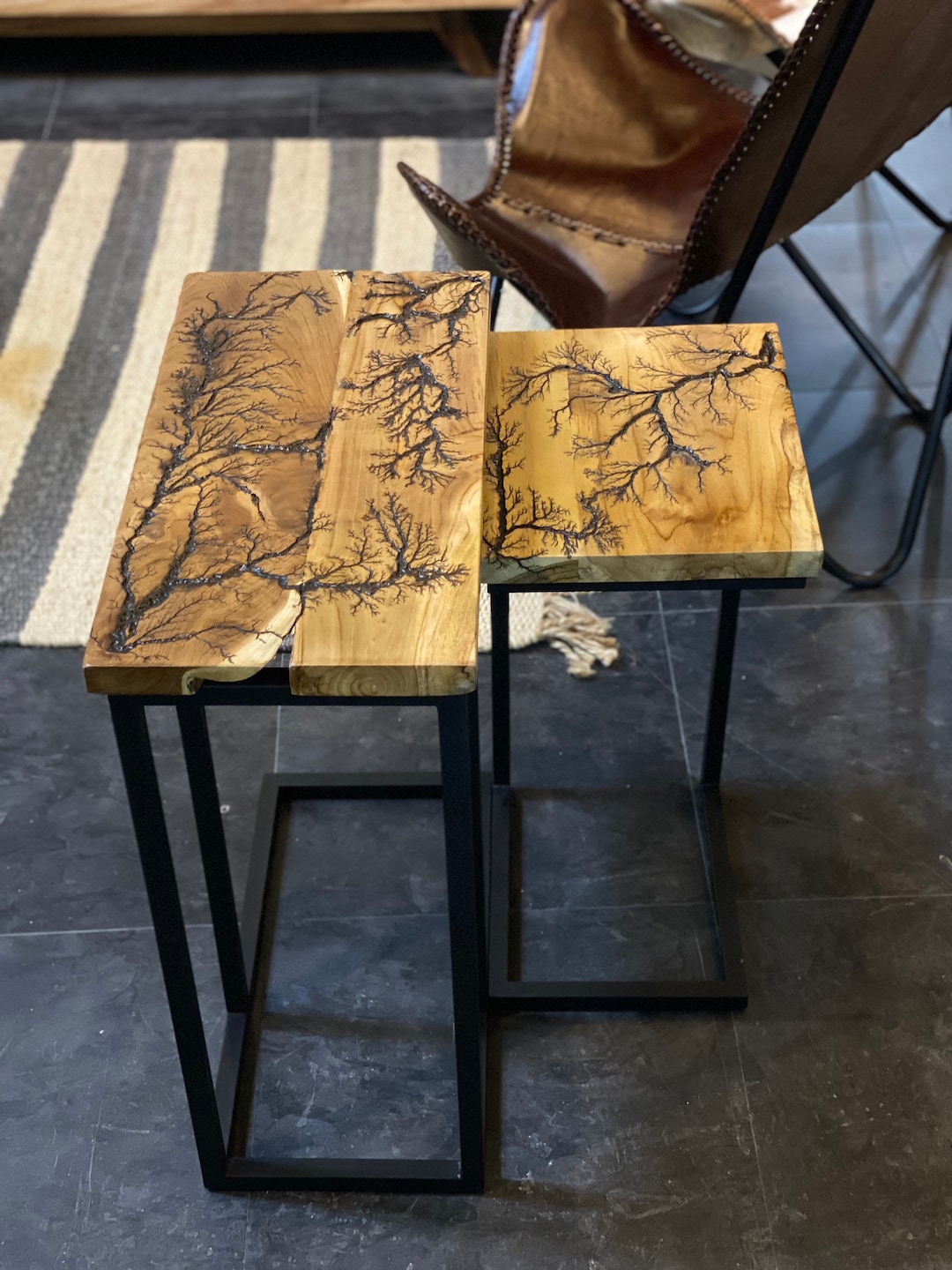 Fractal Table Teak Nesting Side Table Set, Fractal Lichtenberg Design - Etsy