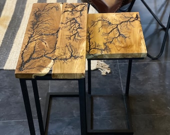 Teak Nesting Side Table Set, Fractal Lichtenberg Design