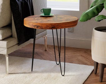Fractal Burned Teak Wood End Table – Round Side Table