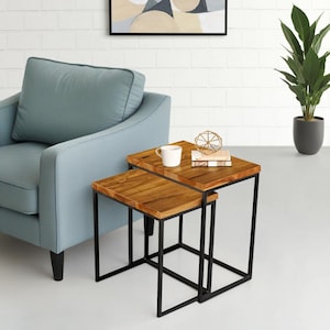 Set of 2 Rectangle Nesting Set Side Table Wood End Table Metal Frame Legs Night Stand