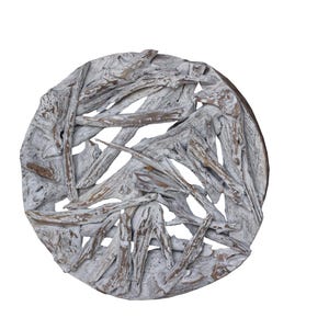 May include: Whitewashed driftwood arranged in a circular pattern, creating a decorative wall hanging. The wood is weathered and has a rustic appearance.