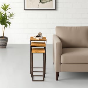 Narrow Solid Wood Nesting Set, Set of 3 Side Tables, Minimalist Modern End Tables, Square Stackable Side Table