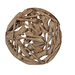 May include: A round wall decor made of natural driftwood branches, arranged in a circular pattern. The branches are light brown in color and have a rustic, natural look.