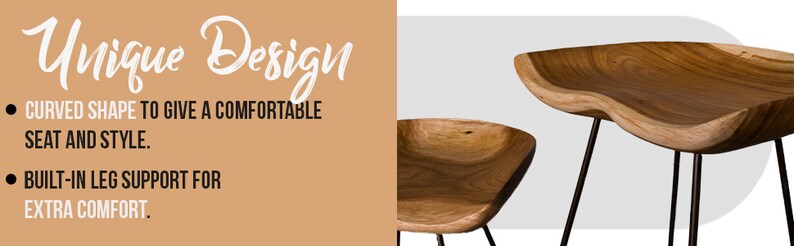 Peut inclure: Deux tabourets en bois au design unique. Les si&egrave;ges ont une forme incurv&eacute;e pour le confort et le style, soutenus par des pieds en m&eacute;tal noir. Le texte "Unique Design" est affich&eacute;, soulignant la forme incurv&eacute;e et le support de jambe int&eacute;gr&eacute;.