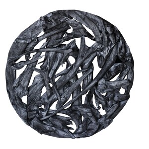 May include: A circular wall decor made of interwoven driftwood branches, painted black. The branches are arranged in a random pattern, creating a unique and organic design.