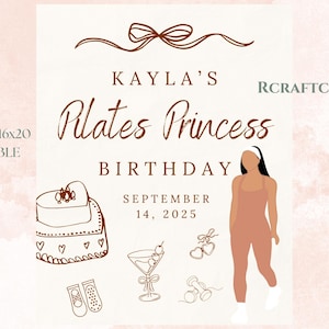 Puede incluir: Un letrero imprimible personalizado de 16x20 para un cumplea&ntilde;os tem&aacute;tico de Pilates. El dise&ntilde;o presenta el texto "Kayla's Pilates Princess Birthday September 14, 2025" con ilustraciones de un pastel, un martini y pesas. El letrero est&aacute; en formato PNG.
