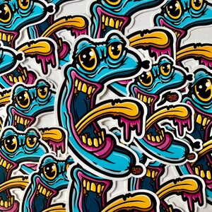 Alternative high quality illustrated stickers for laptops, skateboard, journals and phones. Vibrant creepy cartoon decal with sausage design