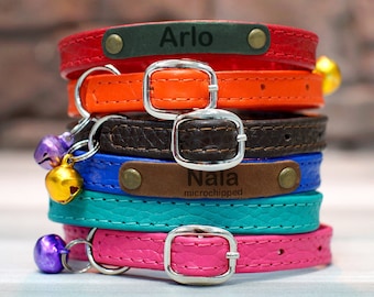 Personalized Leather Cat Collar with Bell: Engraved Tag, Soft Padded Kitten Collar