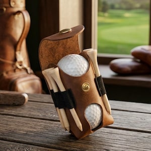 Könnte beinhalten: Ein brauner Leder-Golfballhalter mit zwei weißen Golfbällen und Holz-Tees. Ein Golfschläger und eine Golftasche sind im Hintergrund zu sehen. Der Halter steht auf einem Holztisch, mit Blick auf einen Golfplatz.