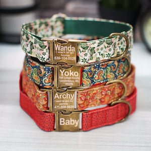 Buta Print Dog Collar Personalized, Leather Dog Collar Floral Pattern, Engraved Metal Buckle Dog Collars for Small Medium Large Dogs