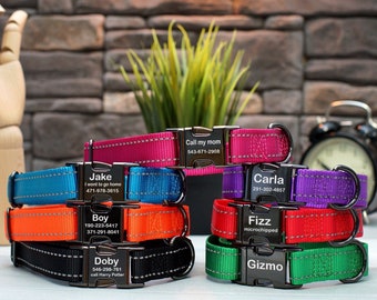 Reflective Dog Collar: Personalized Laser Engraved Buckle, Safety Nylon, Matching Leash
