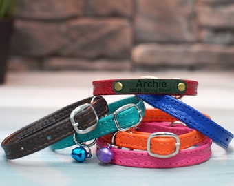 Personalized Leather Cat Collar: Engraved ID Tag, Kitten Puppy Collar