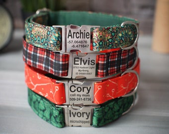 Plaid Dog Collar Leather Lined, Personalized Dog Collar with Engraved Metal Buckle, Custom Print Dog Collars for Small and Large Dogs