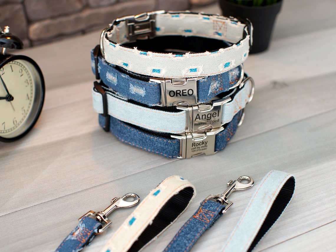 Blue Jean Dog Collar with Custom Engraving Distressed Denim Etsy