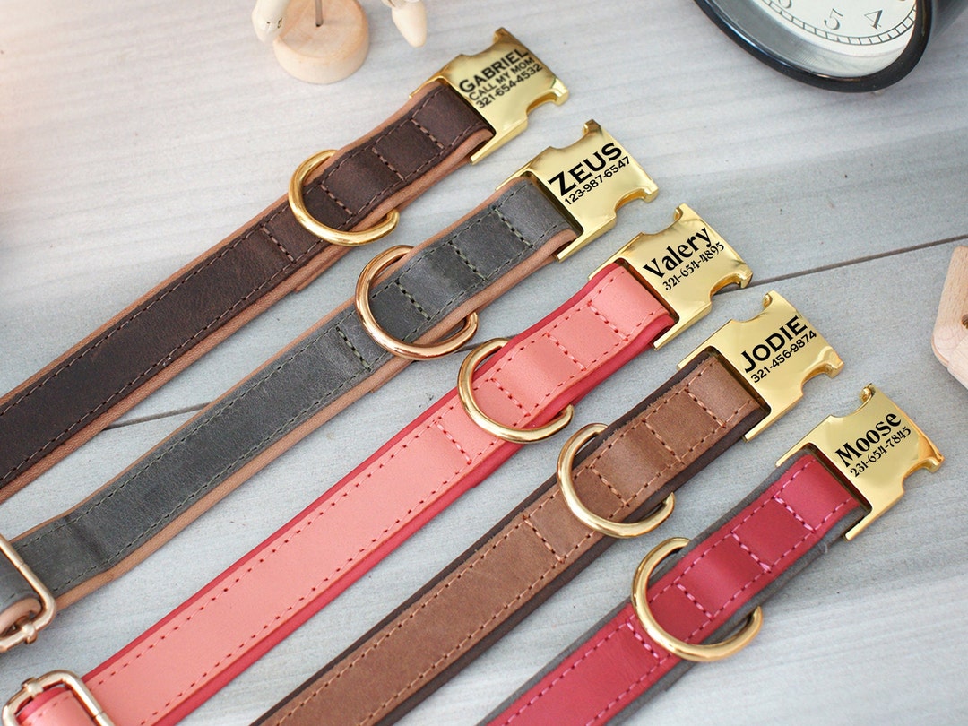 Leather Dog Collar With Engraved Metal Buckle, Personalized Name Dog