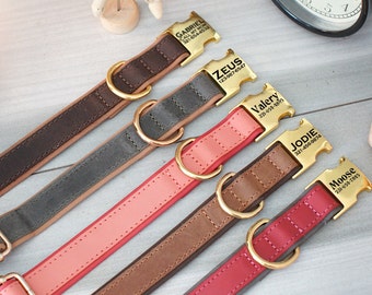 May include: Five leather dog collars with gold metal buckles and engraved name tags. The collars are in different colors: brown, gray, pink, brown and red.