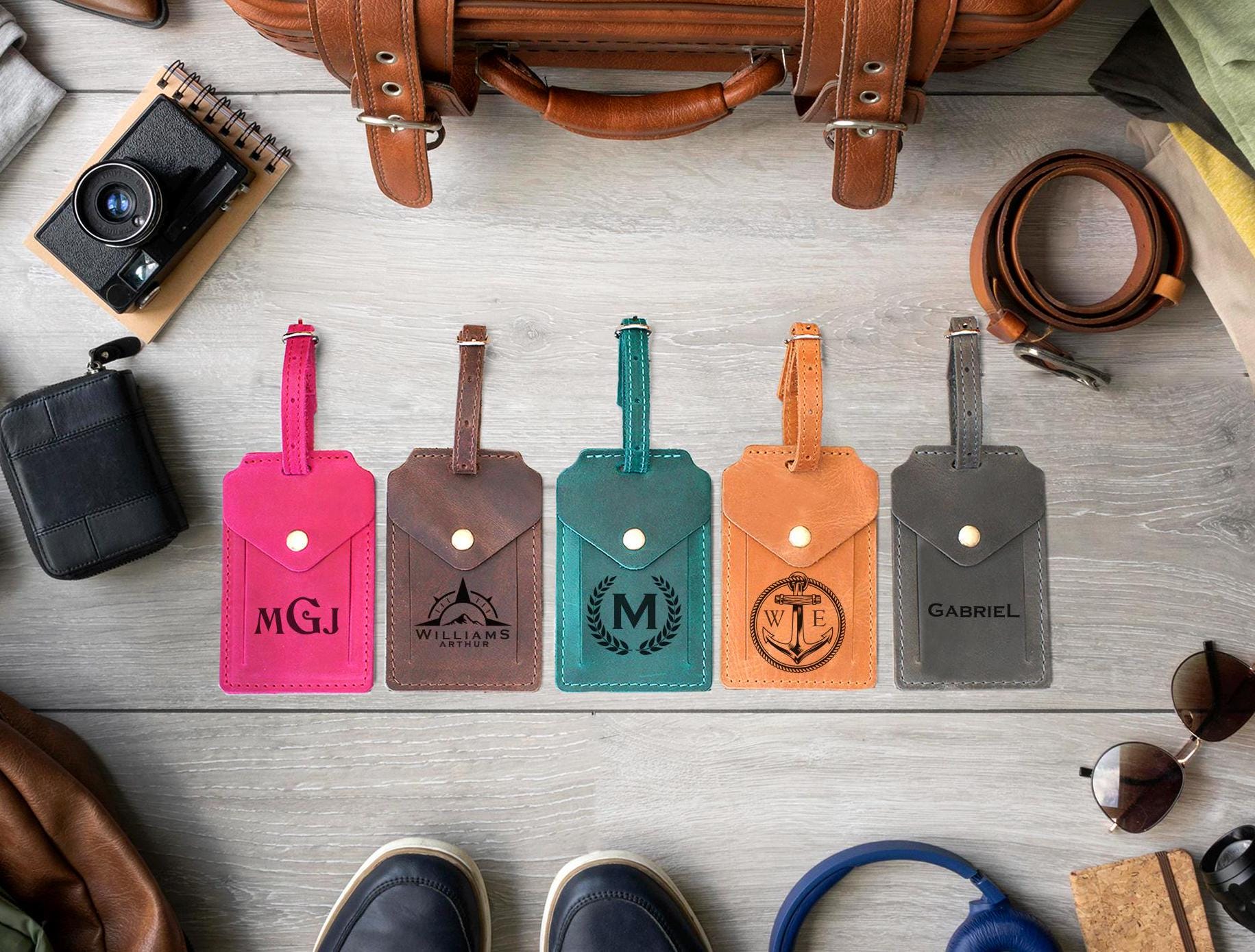 Personalized Leather Luggage Tags, Custom Travel Bag Tag, Engraved Leather Suitcase ID Tag, Unique Gift for Travelers & Honeymooners