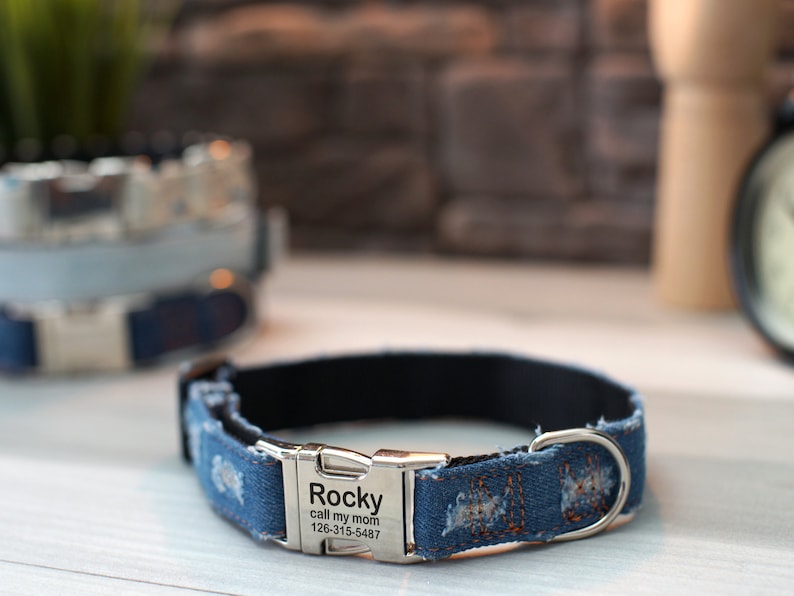 Blue Jean Dog Collar With Custom Engraving Distressed Denim Etsy