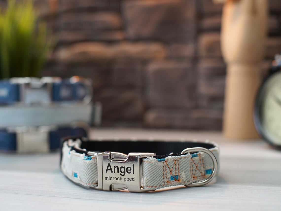 Blue Jean Dog Collar with Custom Engraving Distressed Denim Etsy