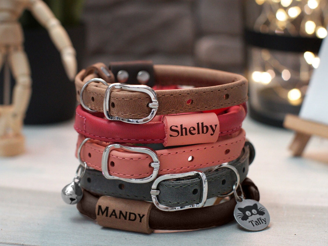 Rolled Leather Cat Collar With Engraved Cat ID Tag or Custom Leather
