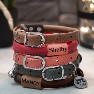 Rolled Leather Cat Collar with Engraved Cat ID Tag or Custom Leather Bead, Soft Leather Cat Collar with Bell, Cat Name Tag Collar