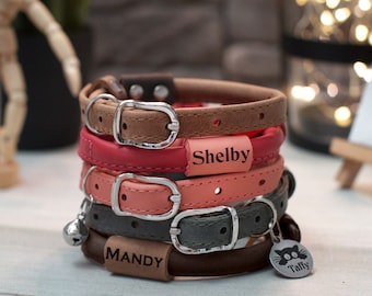 Rolled Leather Cat Collar with Engraved Cat ID Tag or Custom Leather Bead, Soft Leather Cat Collar with Bell, Cat Name Tag Collar