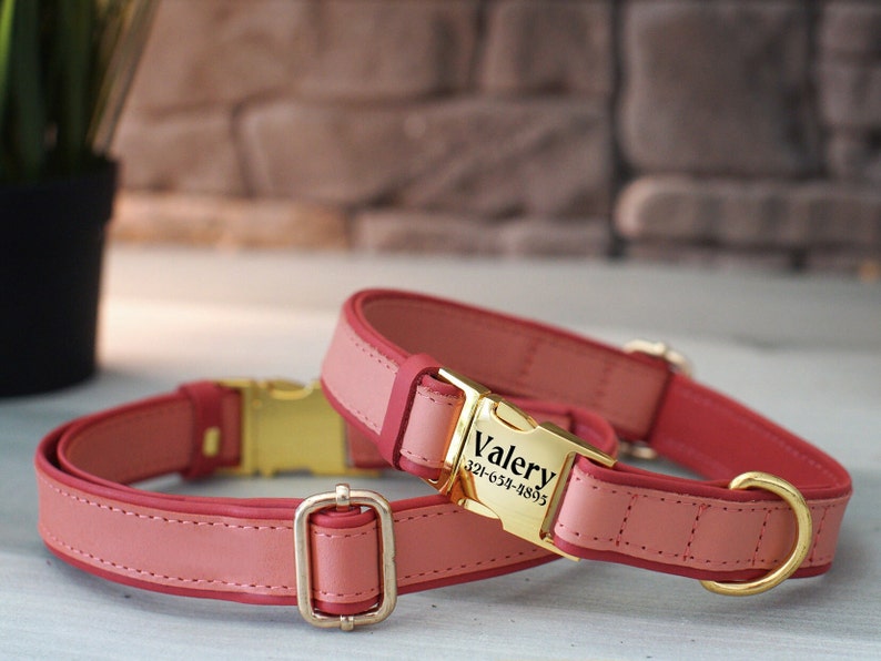 May include: Two pink leather dog collars with gold metal buckles. The larger collar has a gold tag with the name "Valery" and phone number "321-654-4895" engraved on it.