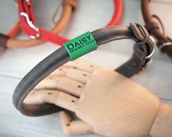 May include: A dark grey, rounded leather collar featuring a bright green rectangular tag. The tag is printed with the name DAISY and the phone number 564-987-1234 in black text. Additional red and brown leather collars are visible in the background.