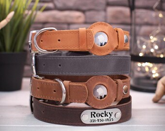 Leather AirTag Dog Collar: Engraved ID Tag, Custom Pet Collar