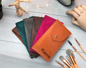 Personalized Leather Makeup Brush Case: Travel Cosmetic Pouch