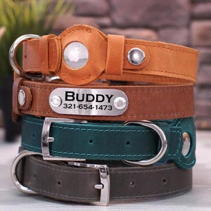 Custom Engraved Dog Collar, Leather AirTag Dog Collar, Personalized Dog Collars with Built GPS Tracker Slot, Girl Dog Collar, Boy Dog Collar