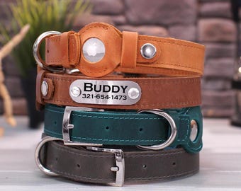 Custom Engraved Dog Collar, Leather AirTag Dog Collar, Personalized Dog Collars with Built GPS Tracker Slot, Girl Dog Collar, Boy Dog Collar